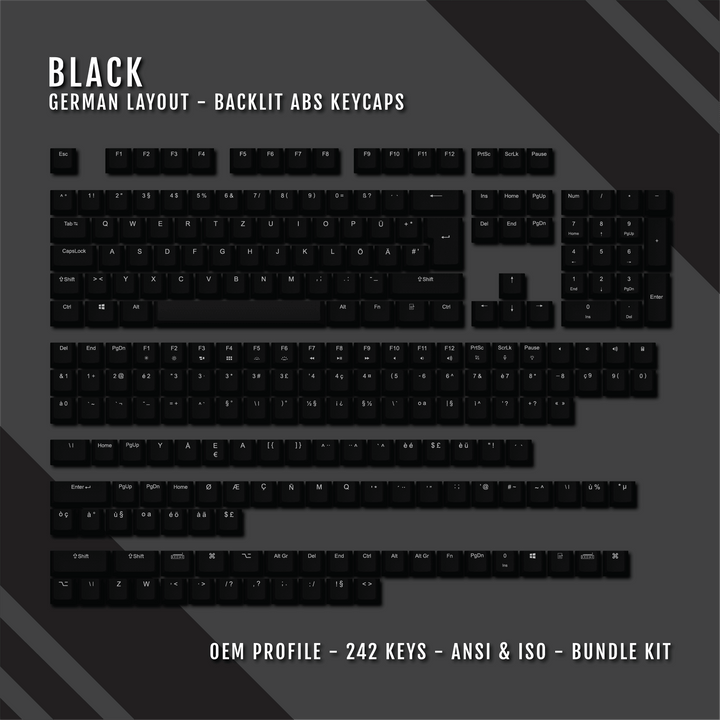 Black German (ISO-DE) Backlit ABS Keycaps for Windows & Mac Krome Keycaps LTD german