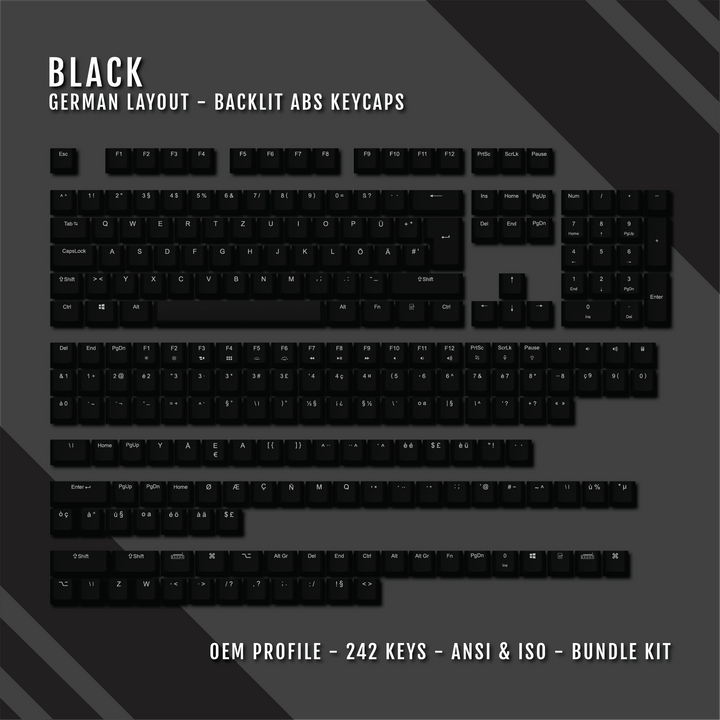 Black Backlit German Keycaps - ISO-DE - Windows & Mac - kromekeycaps