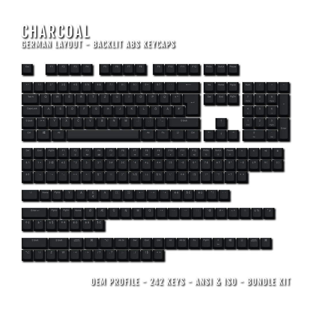 Charcoal German (ISO-DE) Backlit ABS Keycaps for Windows & Mac Krome Keycaps LTD german