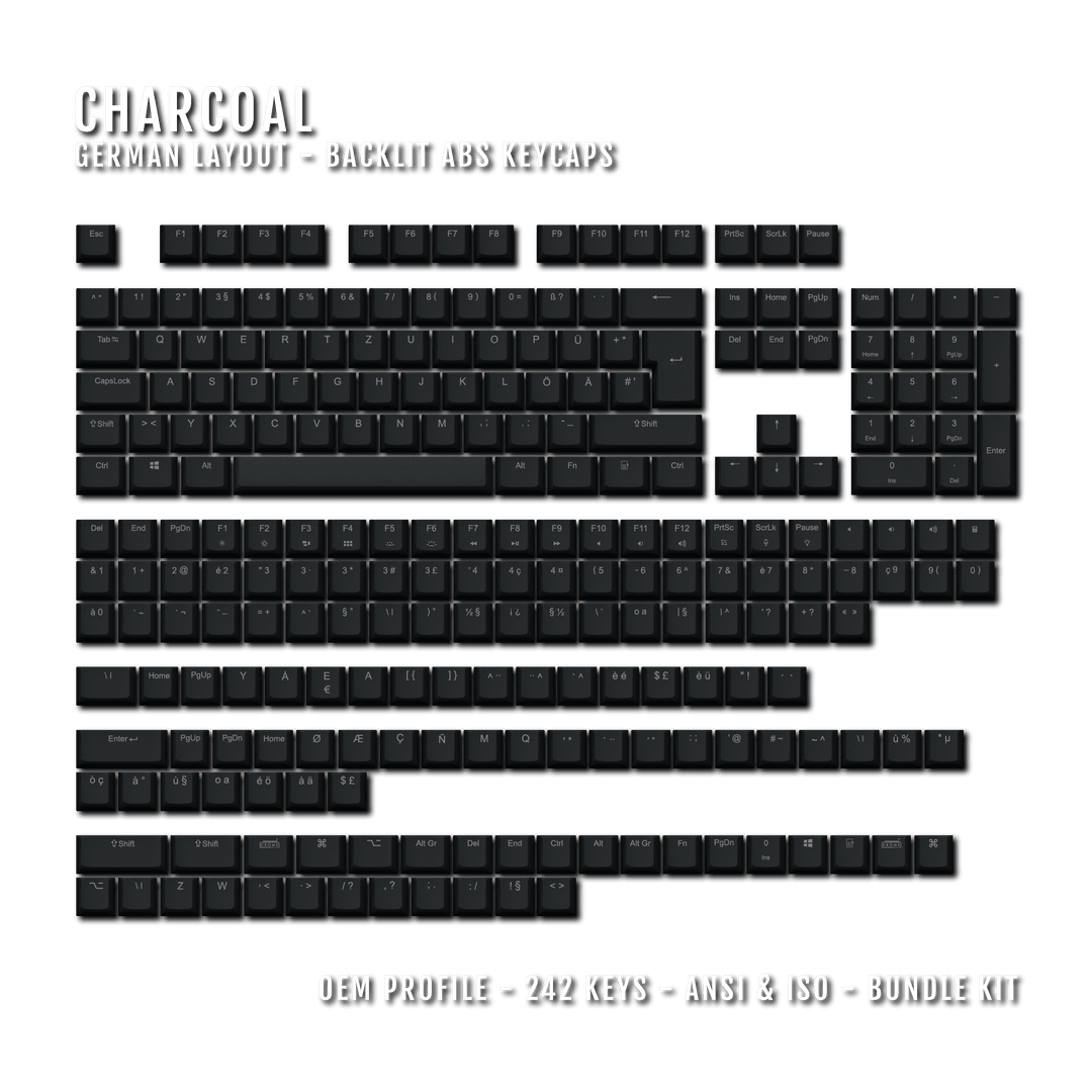 Charcoal Backlit German Keycaps - ISO-DE - Windows & Mac - kromekeycaps