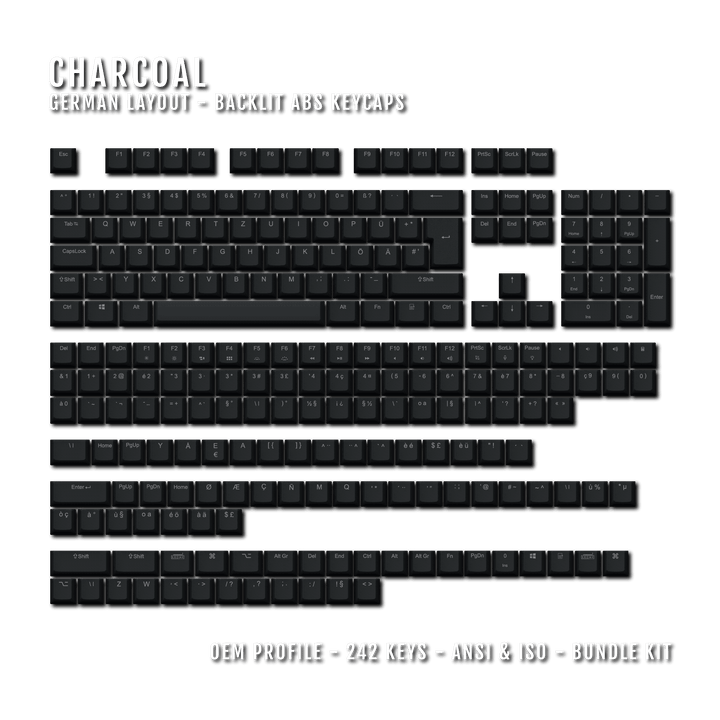 Charcoal German (ISO-DE) Backlit ABS Keycaps for Windows & Mac Krome Keycaps LTD german