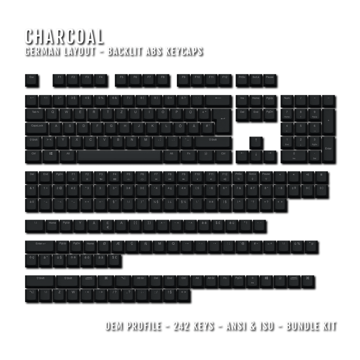 Charcoal Backlit German Keycaps - ISO-DE - Windows & Mac - kromekeycaps