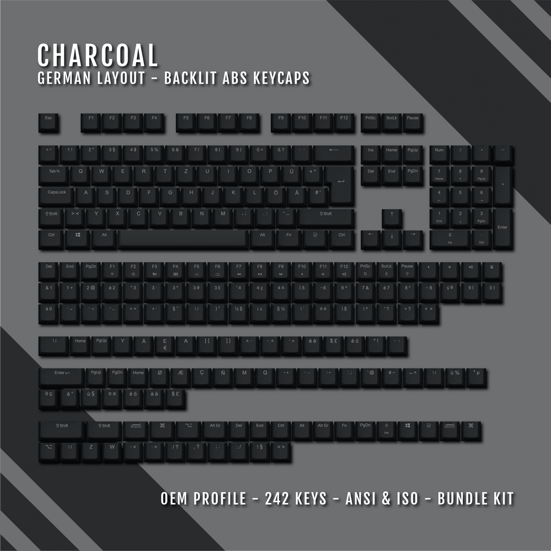 Charcoal Backlit German Keycaps - ISO-DE - Windows & Mac - kromekeycaps