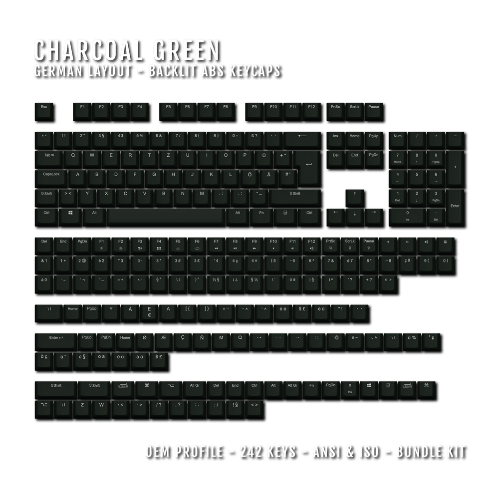 Charcoal Green Backlit German Keycaps - ISO-DE - Windows & Mac - kromekeycaps