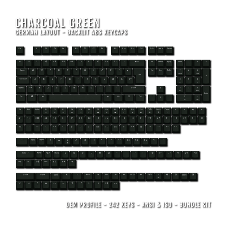 Charcoal Green German (ISO-DE) Backlit ABS Keycaps for Windows & Mac Krome Keycaps LTD german