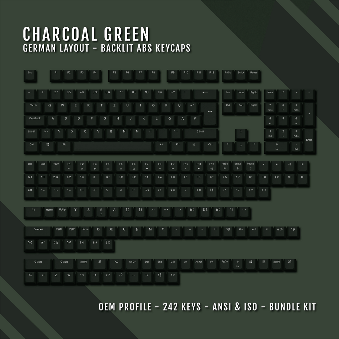 Charcoal Green Backlit German Keycaps - ISO-DE - Windows & Mac - kromekeycaps