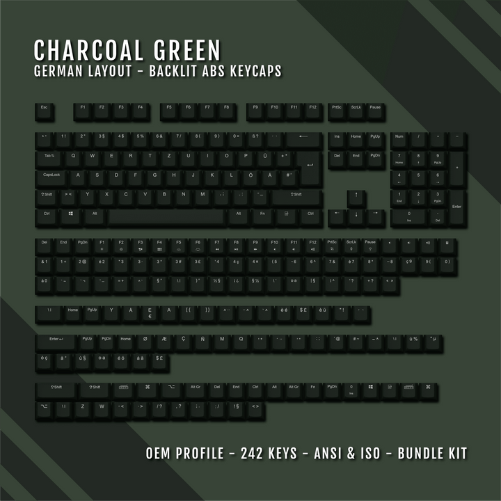 Charcoal Green German (ISO-DE) Backlit ABS Keycaps for Windows & Mac Krome Keycaps LTD german