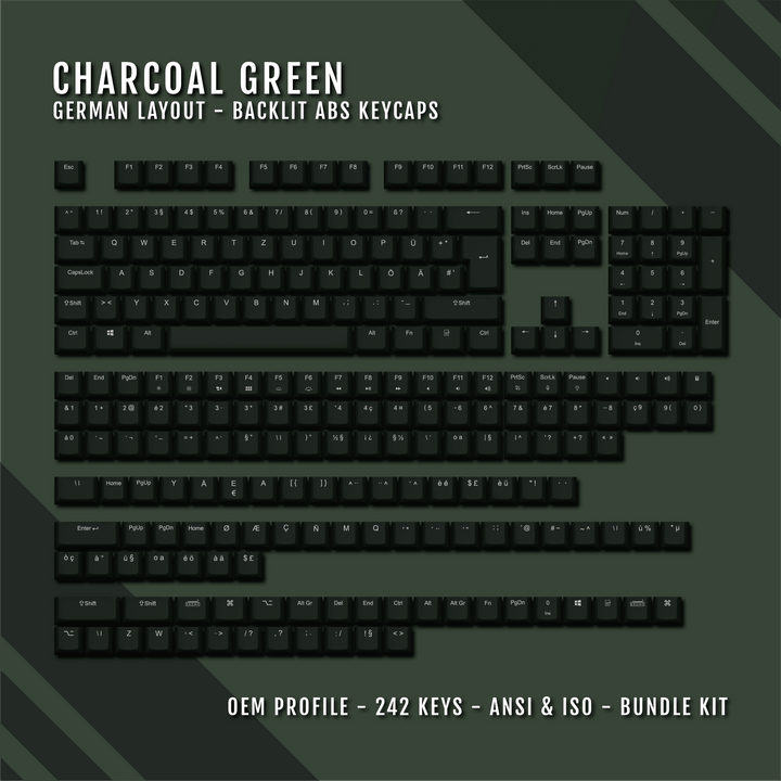 Charcoal Green Backlit German Keycaps - ISO-DE - Windows & Mac - kromekeycaps