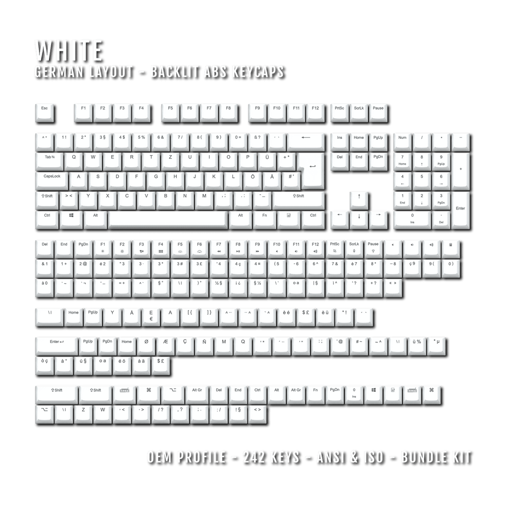 White Backlit German Keycaps - ISO-DE - Windows & Mac - kromekeycaps