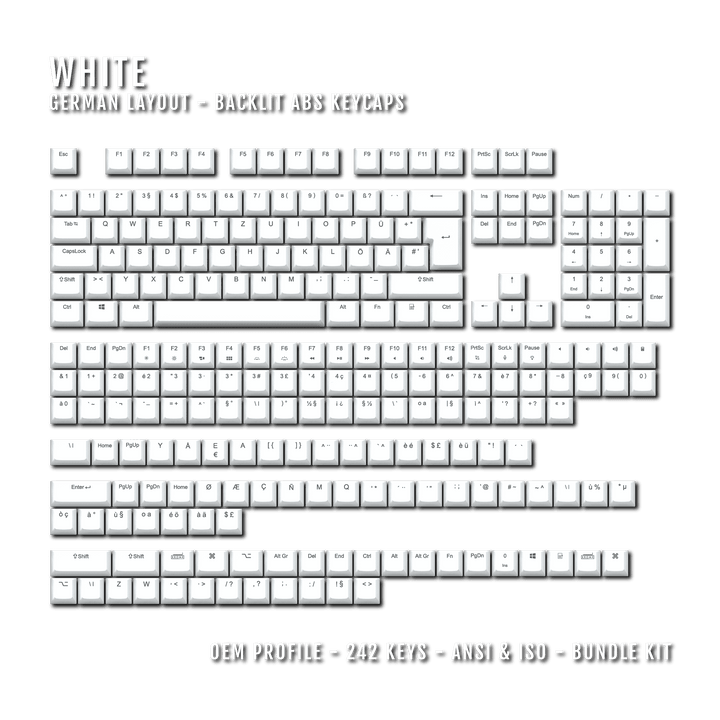 White Backlit German Keycaps - ISO-DE - Windows & Mac - kromekeycaps