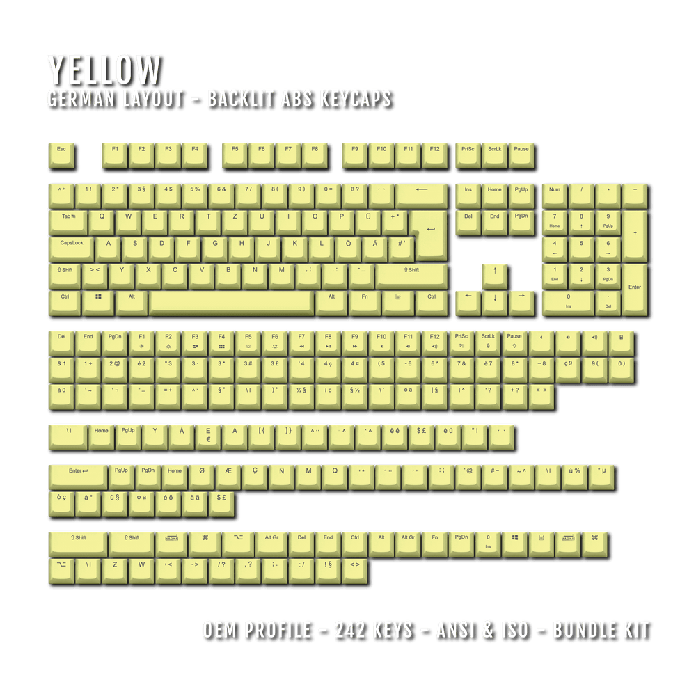 Yellow German (ISO-DE) Backlit ABS Keycaps for Windows & Mac Krome Keycaps LTD german