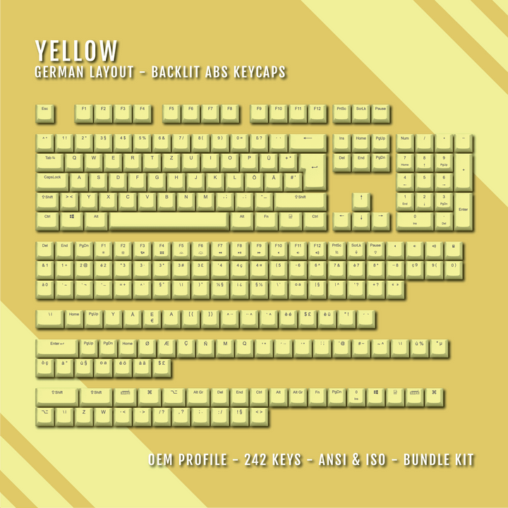 Yellow Backlit German Keycaps - ISO-DE - Windows & Mac - kromekeycaps