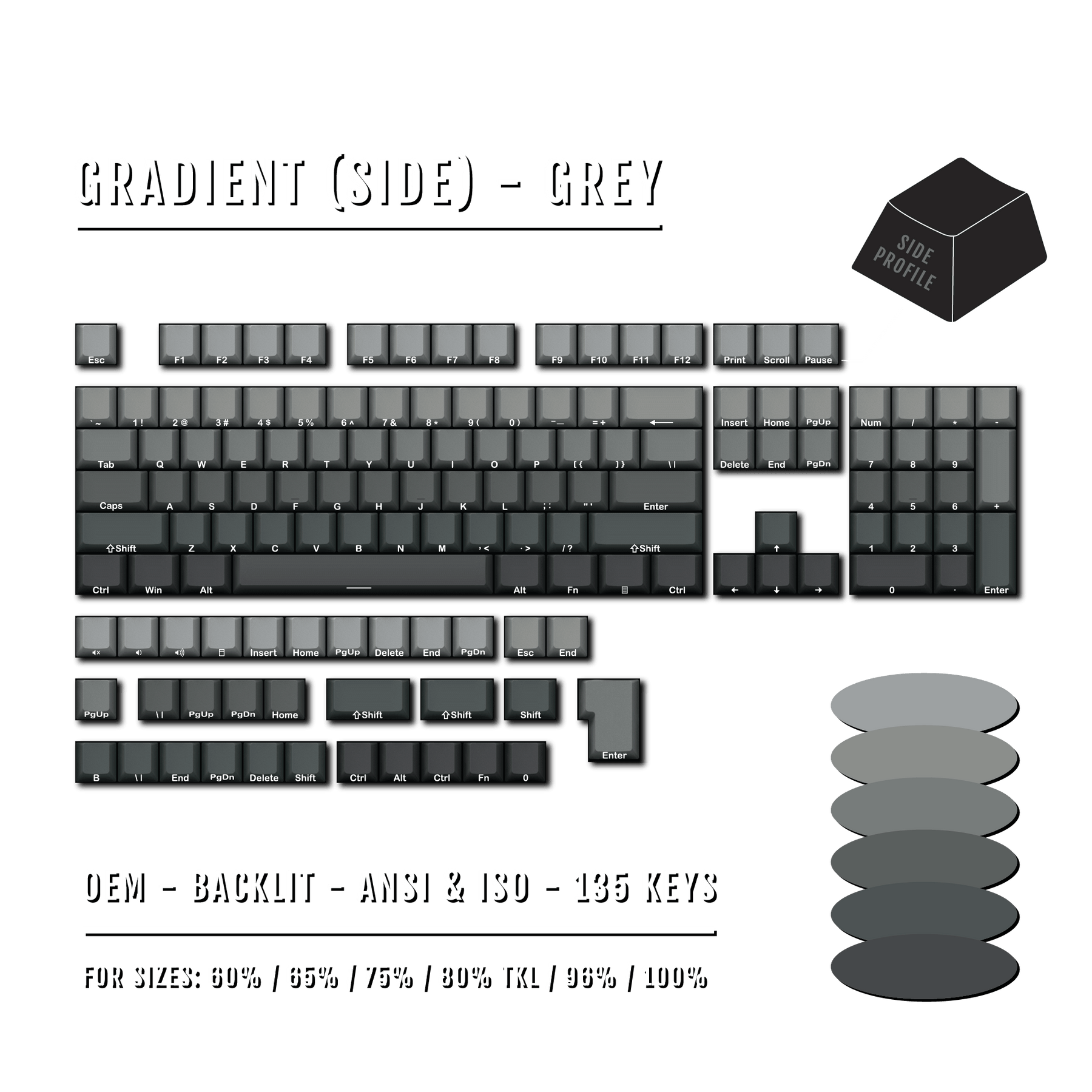 Gray Gradient Contour Keycaps Grey Gradient Side-Profile Backlit PBT Keycaps – Krome Keycaps LTD