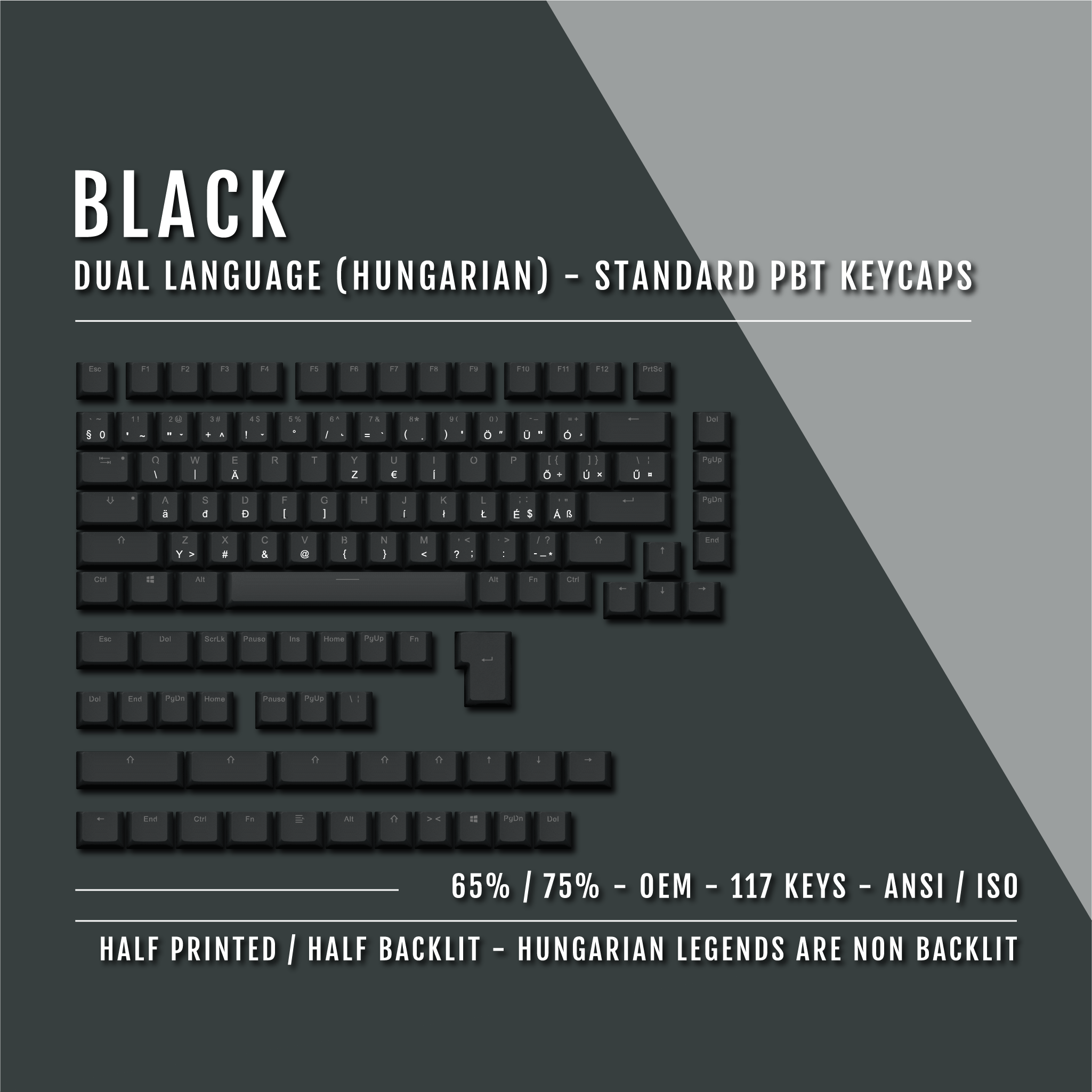 Black Hungarian (ISO-HU) Dual Language PBT Keycaps - 65/75