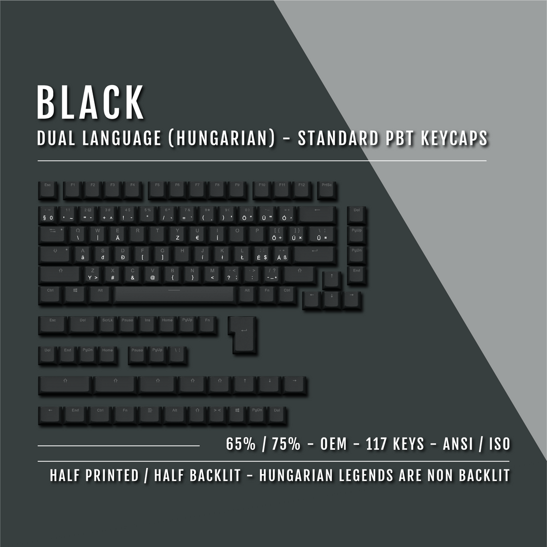 Black Hungarian (ISO-HU) Dual Language PBT Keycaps - 65/75% Krome Keycaps LTD hungarian