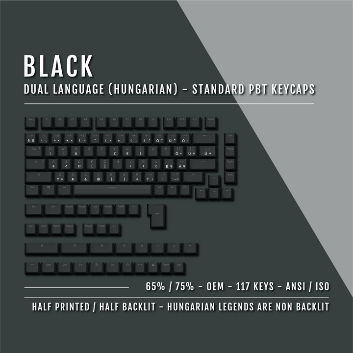 Black Hungarian (ISO-HU) Dual Language PBT Keycaps - 65/75% Krome Keycaps LTD hungarian