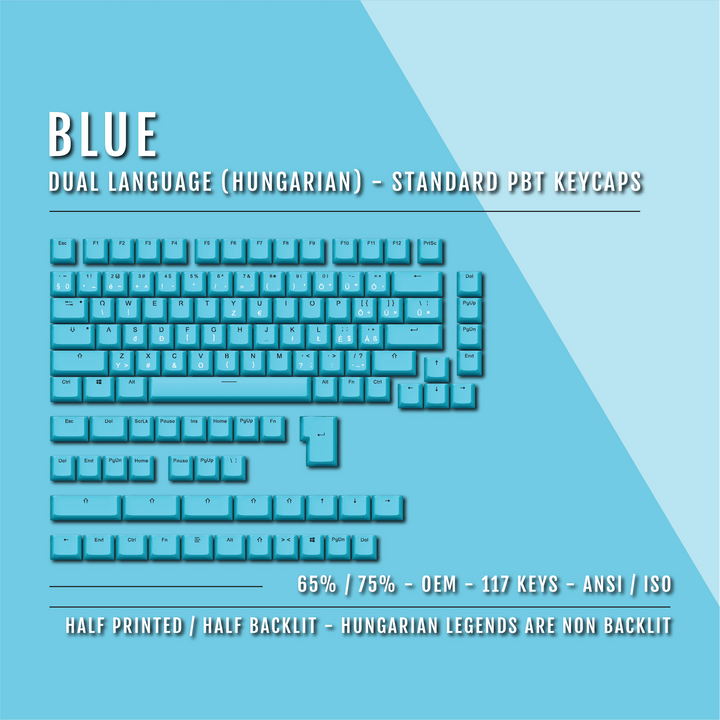 Blue PBT Hungarian Keycaps - ISO-HU - 65/75% Sizes - Dual Language Keycaps - kromekeycaps
