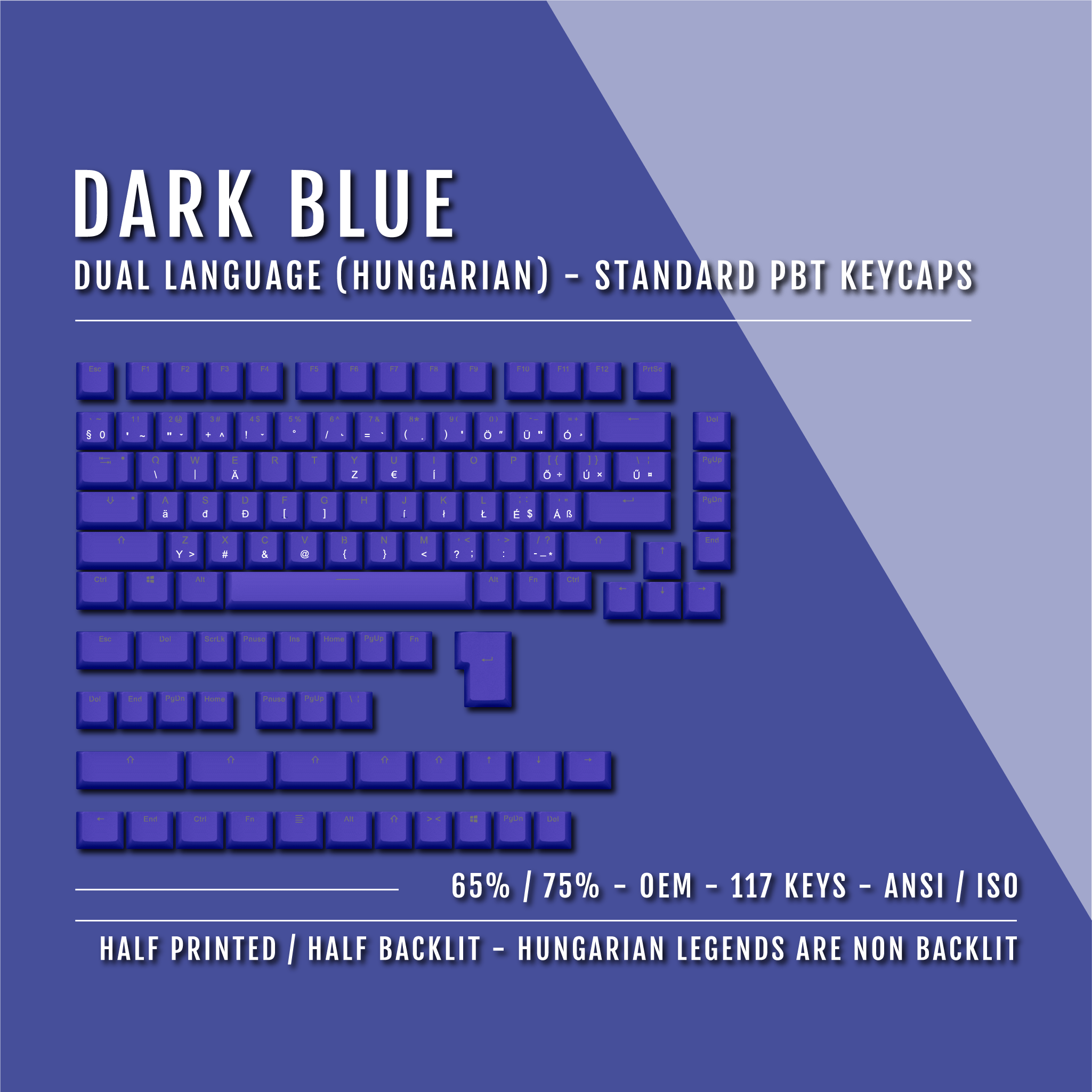 Dark Blue Hungarian (ISO-HU) Dual Language PBT Keycaps - 65/75