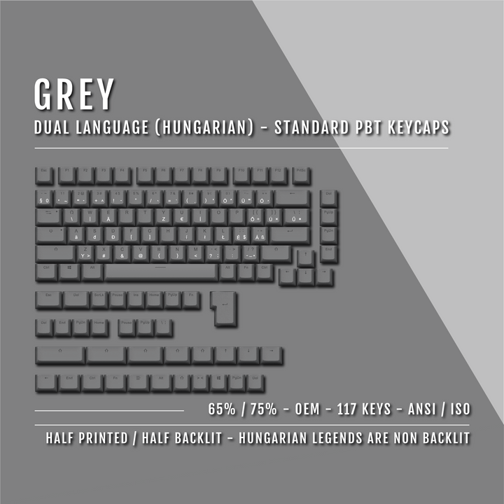 Grey Hungarian (ISO-HU) Dual Language PBT Keycaps - 65/75% Krome Keycaps LTD hungarian