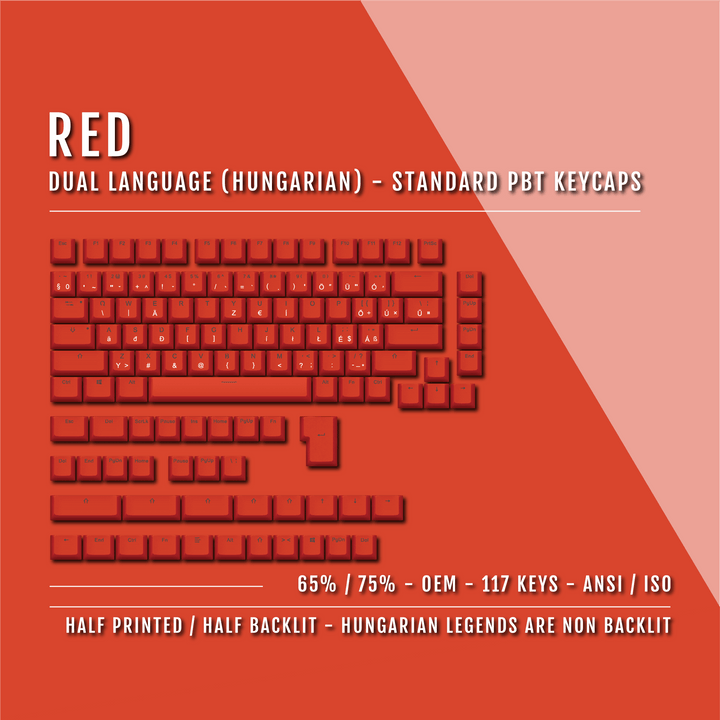 Red Hungarian (ISO-HU) Dual Language PBT Keycaps - 65/75% Krome Keycaps LTD hungarian
