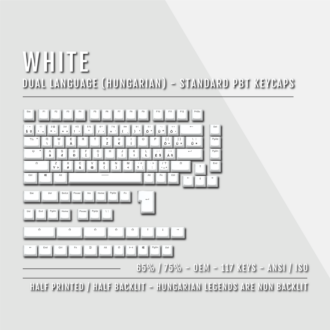 White Hungarian (ISO-HU) Dual Language PBT Keycaps - 65/75% Krome Keycaps LTD hungarian