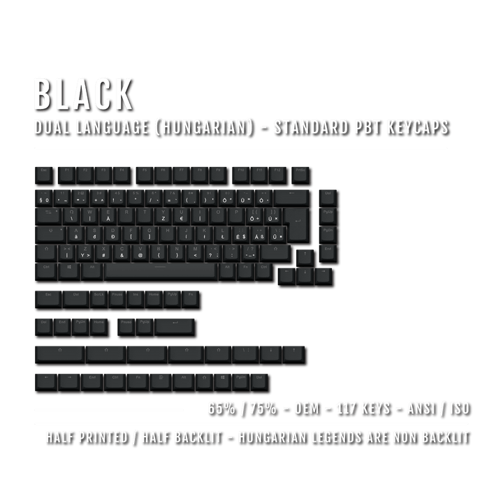 Black Hungarian (ISO-HU) Dual Language PBT Keycaps - 65/75% Krome Keycaps LTD hungarian