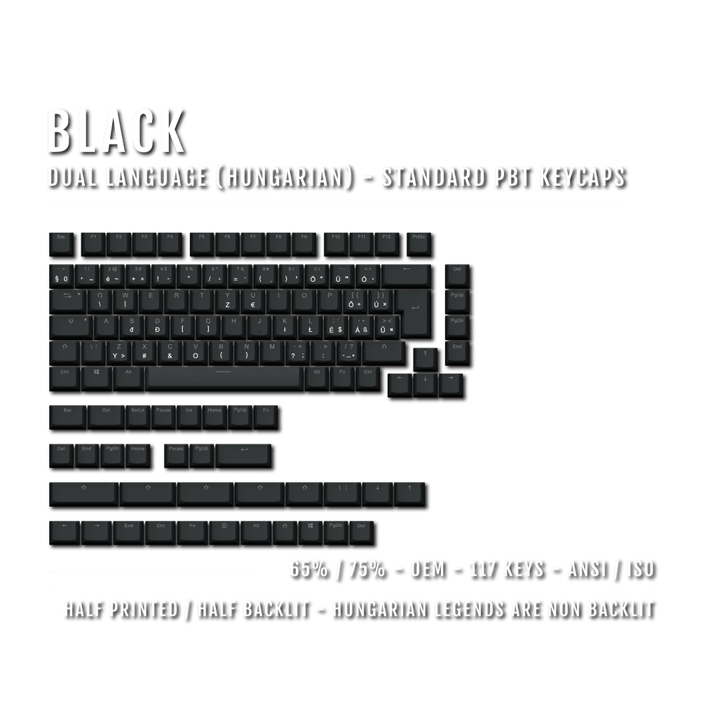 Black PBT Hungarian Keycaps - ISO-HU - 65/75% Sizes - Dual Language Keycaps - kromekeycaps