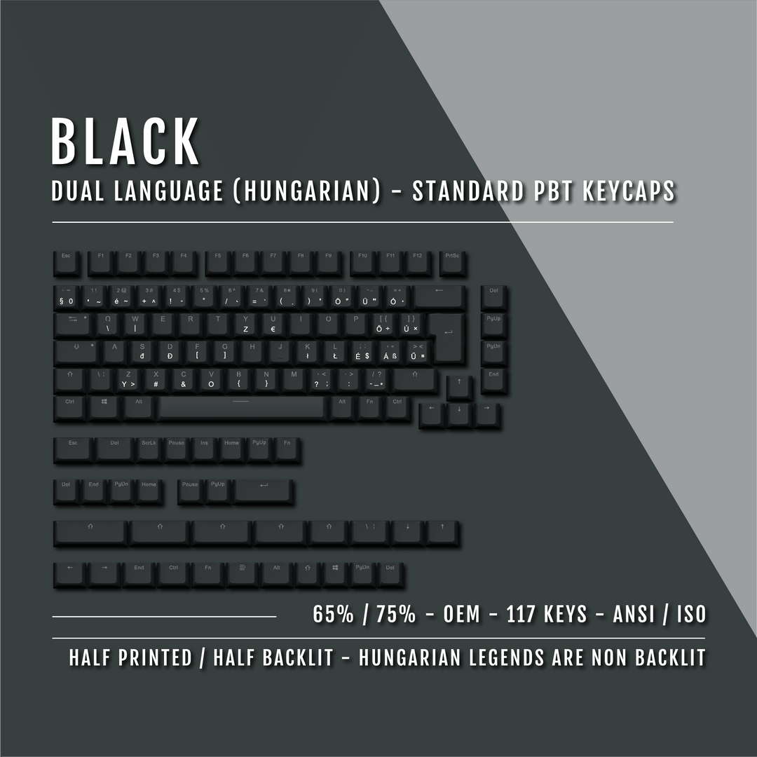 Black PBT Hungarian Keycaps - ISO-HU - 65/75% Sizes - Dual Language Keycaps - kromekeycaps