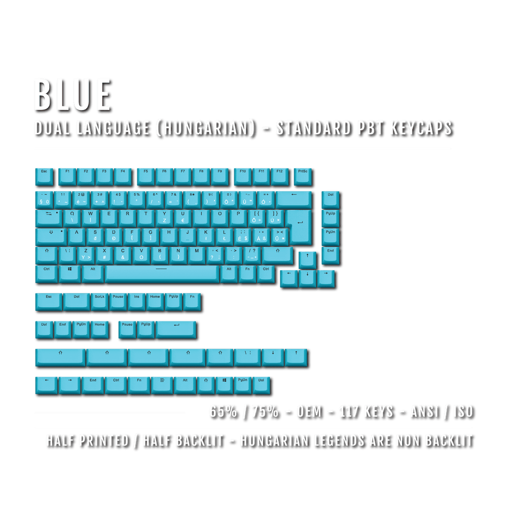 Blue PBT Hungarian Keycaps - ISO-HU - 65/75% Sizes - Dual Language Keycaps - kromekeycaps