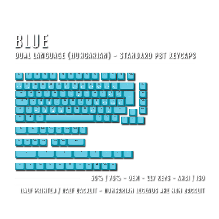 Blue PBT Hungarian Keycaps - ISO-HU - 65/75% Sizes - Dual Language Keycaps - kromekeycaps