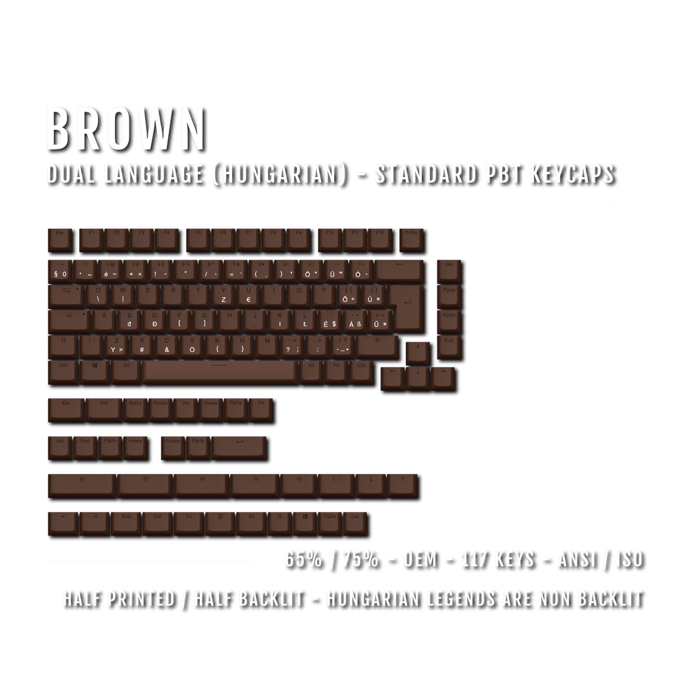 Brown PBT Hungarian Keycaps - ISO-HU - 65/75% Sizes - Dual Language Keycaps - kromekeycaps