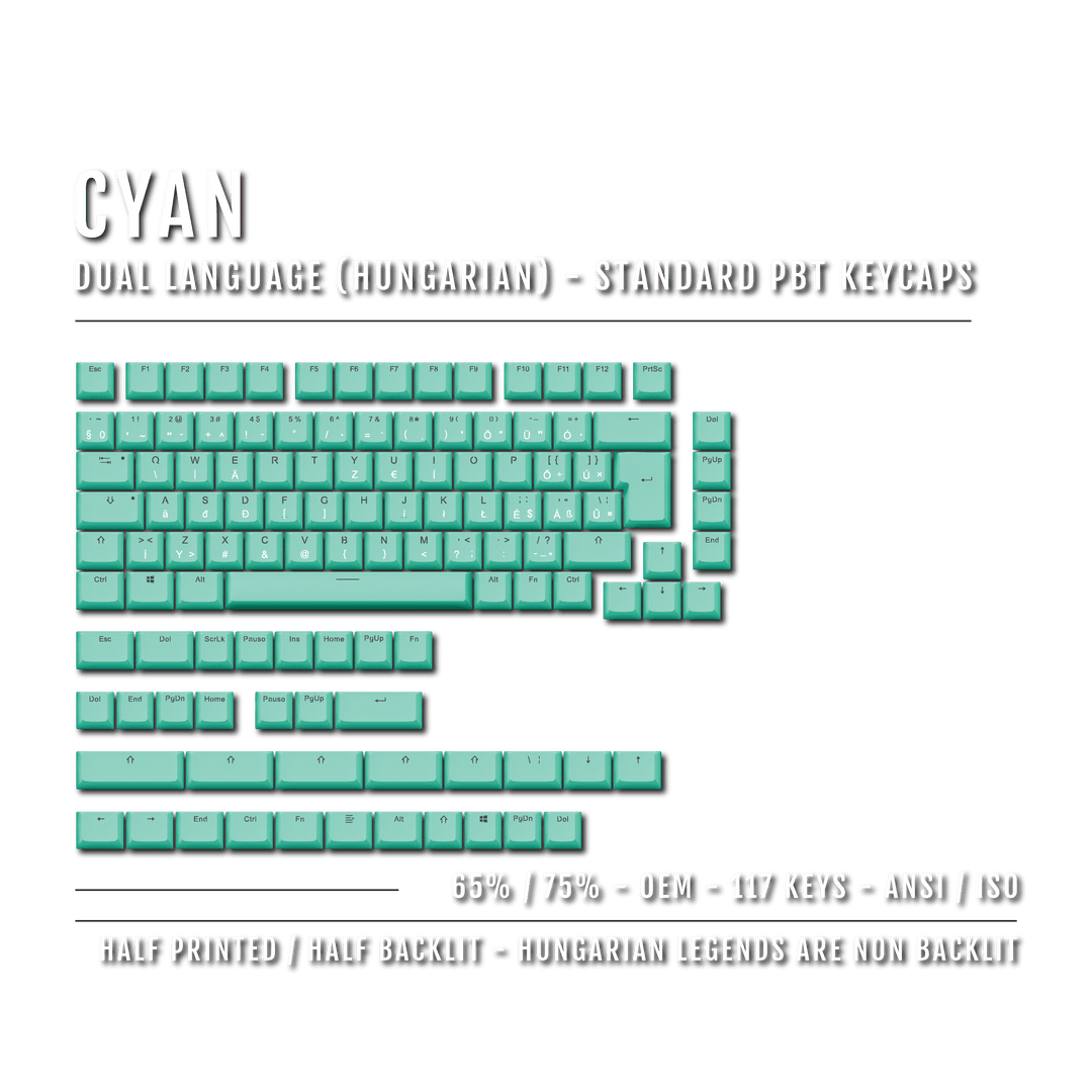 Cyan Hungarian (ISO-HU) Dual Language PBT Keycaps - 65/75% Krome Keycaps LTD hungarian