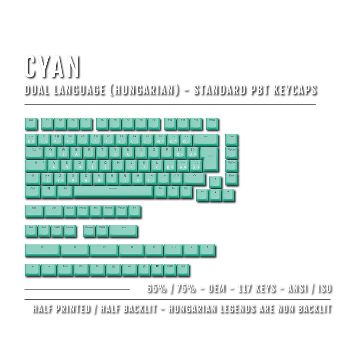 Cyan Hungarian (ISO-HU) Dual Language PBT Keycaps - 65/75% Krome Keycaps LTD hungarian
