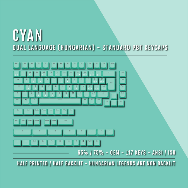 Cyan Hungarian (ISO-HU) Dual Language PBT Keycaps - 65/75% Krome Keycaps LTD hungarian
