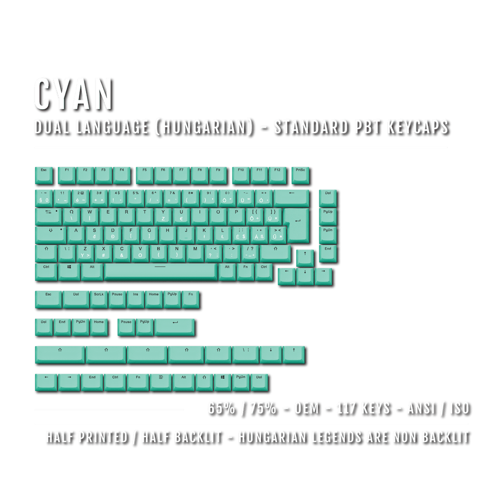 Cyan PBT Hungarian Keycaps - ISO-HU - 65/75% Sizes - Dual Language Keycaps - kromekeycaps