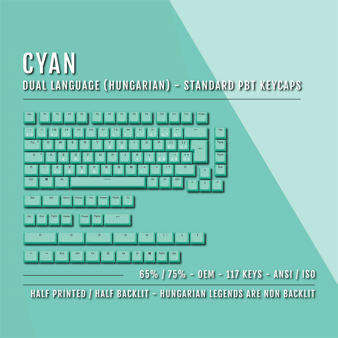 Cyan PBT Hungarian Keycaps - ISO-HU - 65/75% Sizes - Dual Language Keycaps - kromekeycaps