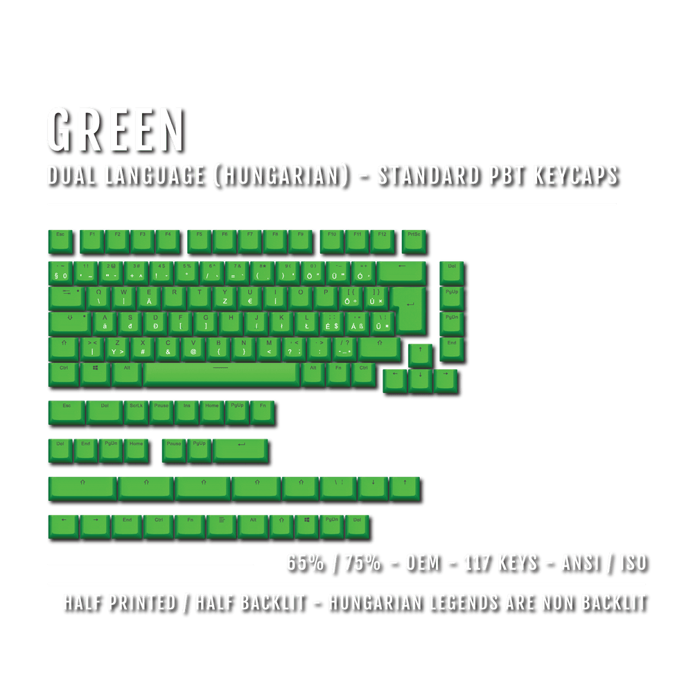 Green Hungarian (ISO-HU) Dual Language PBT Keycaps - 65/75% Krome Keycaps LTD hungarian