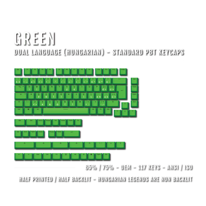 Green PBT Hungarian Keycaps - ISO-HU - 65/75% Sizes - Dual Language Keycaps - kromekeycaps