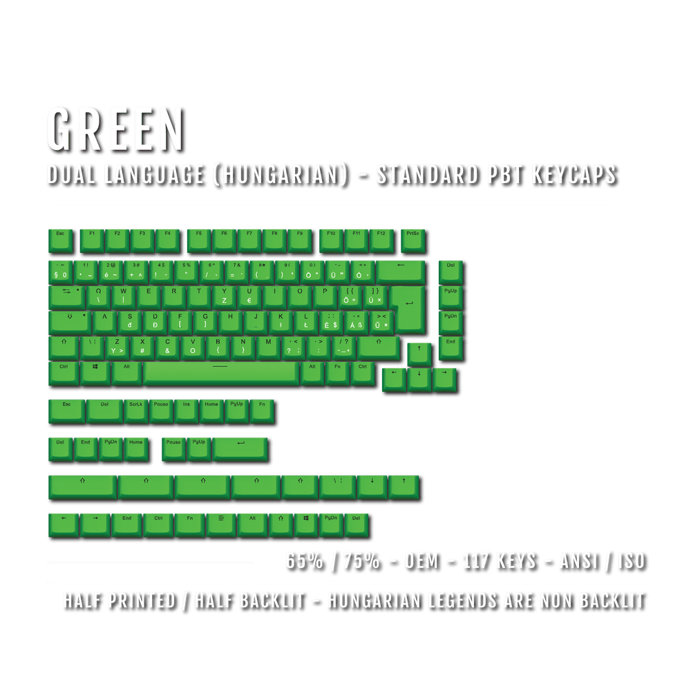 Green PBT Hungarian Keycaps - ISO-HU - 65/75% Sizes - Dual Language Keycaps - kromekeycaps