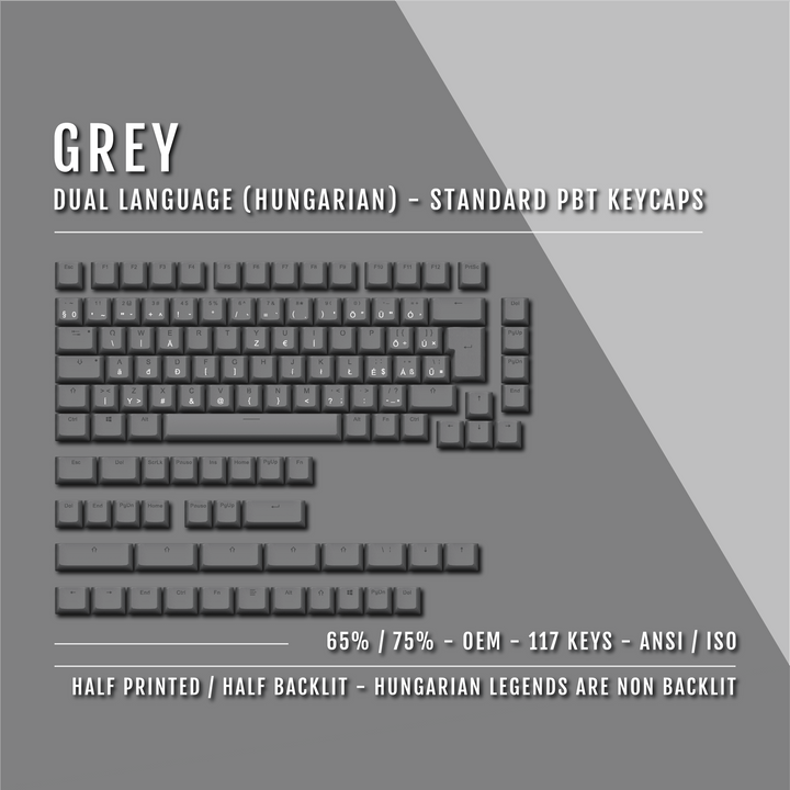 Grey Hungarian (ISO-HU) Dual Language PBT Keycaps - 65/75% Krome Keycaps LTD hungarian
