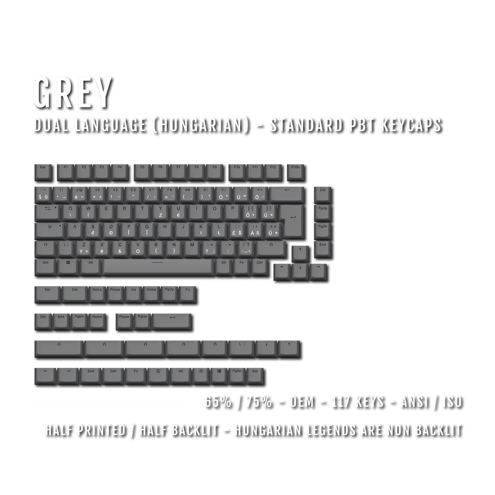 Grey PBT Hungarian Keycaps - ISO-HU - 65/75% Sizes - Dual Language Keycaps - kromekeycaps