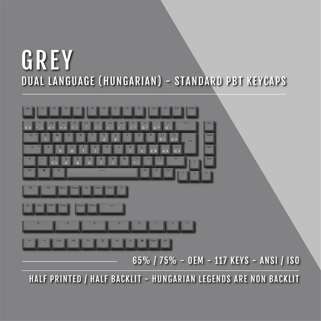 Grey PBT Hungarian Keycaps - ISO-HU - 65/75% Sizes - Dual Language Keycaps - kromekeycaps