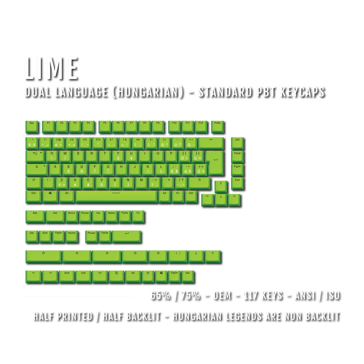 Lime PBT Hungarian Keycaps - ISO-HU - 65/75% Sizes - Dual Language Keycaps - kromekeycaps