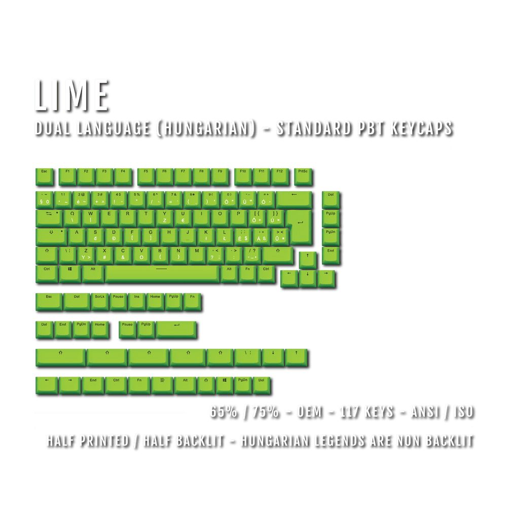 Lime PBT Hungarian Keycaps - ISO-HU - 65/75% Sizes - Dual Language Keycaps - kromekeycaps