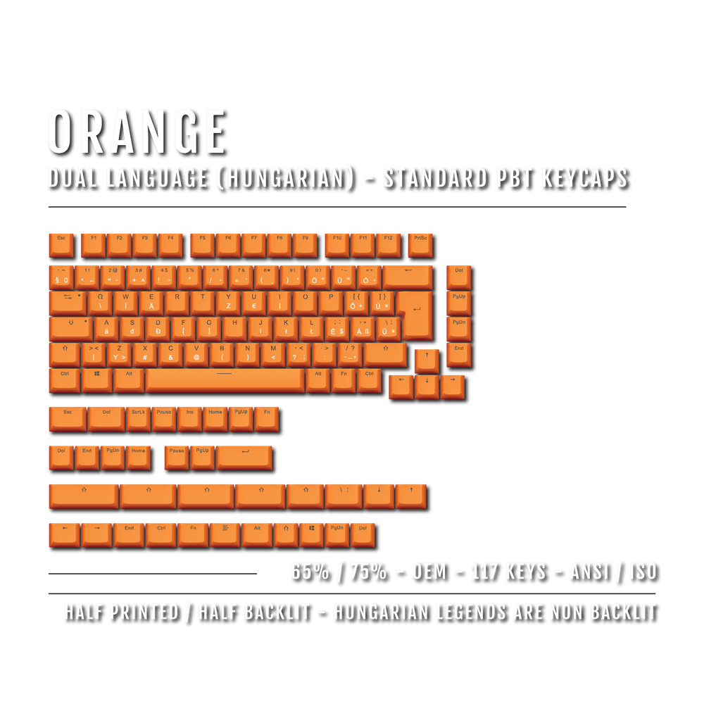 Orange Hungarian (ISO-HU) Dual Language PBT Keycaps - 65/75% Krome Keycaps LTD hungarian