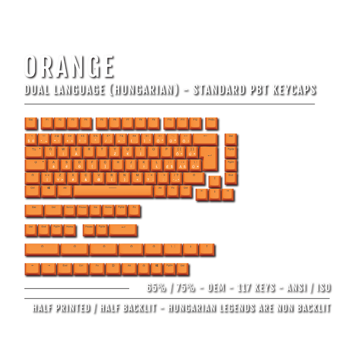 Orange Hungarian (ISO-HU) Dual Language PBT Keycaps - 65/75% Krome Keycaps LTD hungarian