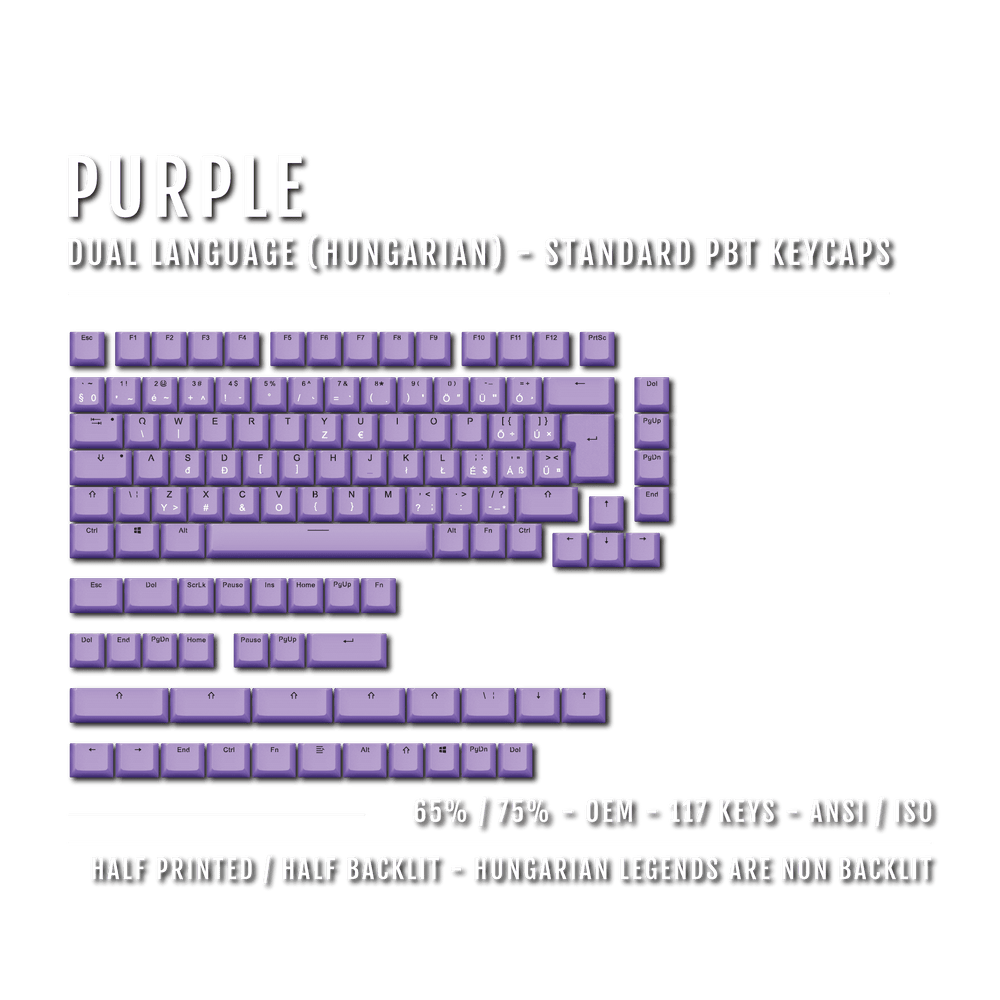 Purple PBT Hungarian Keycaps - ISO-HU - 65/75% Sizes - Dual Language Keycaps - kromekeycaps