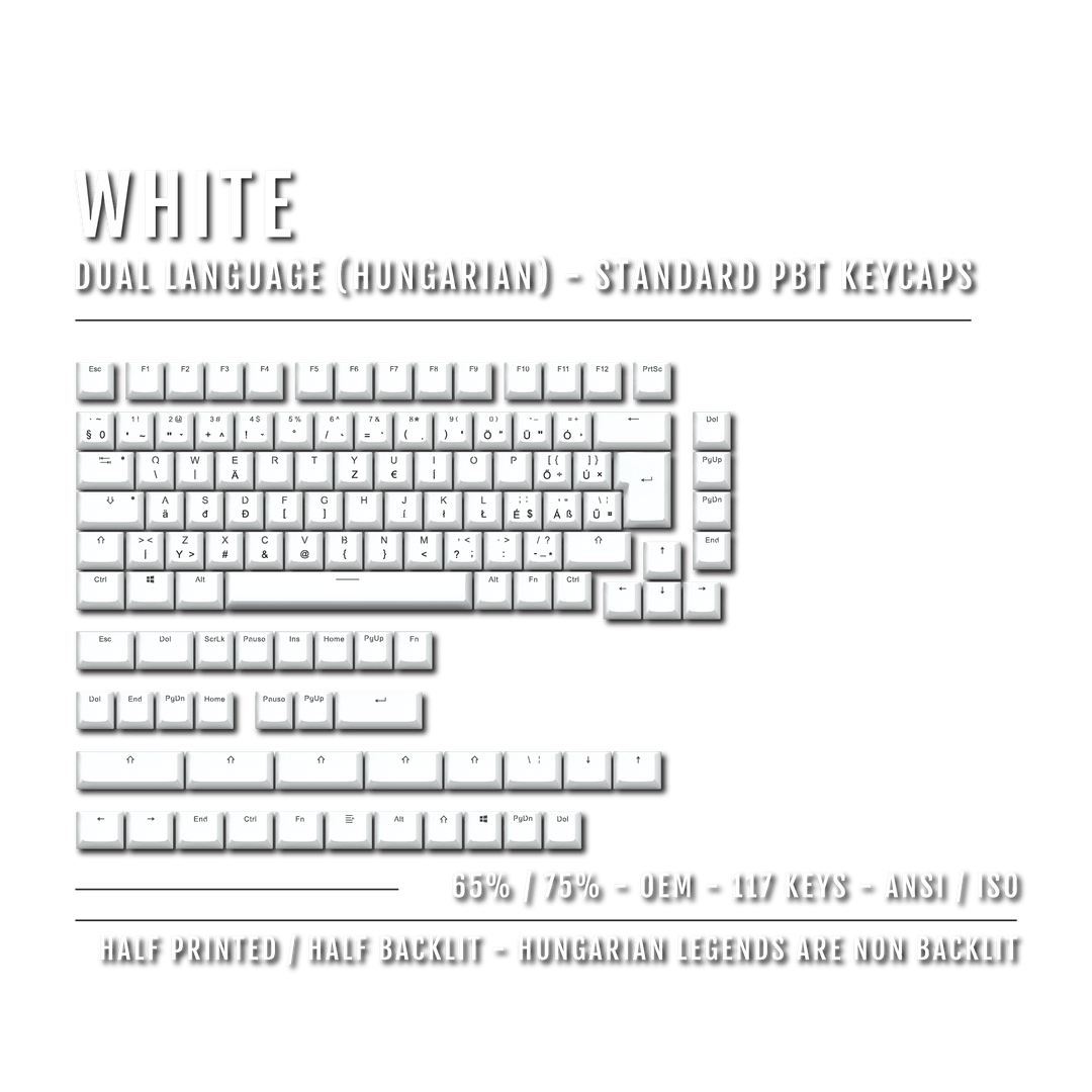 White Hungarian (ISO-HU) Dual Language PBT Keycaps - 65/75% Krome Keycaps LTD hungarian
