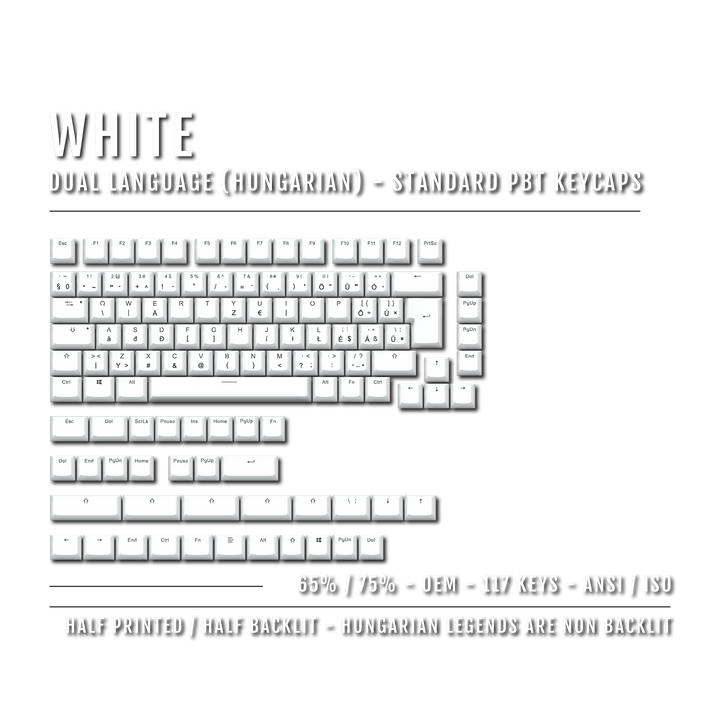 White Hungarian (ISO-HU) Dual Language PBT Keycaps - 65/75% Krome Keycaps LTD hungarian