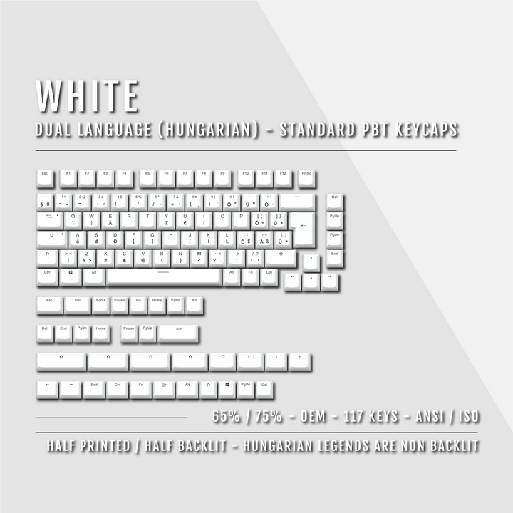 White Hungarian (ISO-HU) Dual Language PBT Keycaps - 65/75% Krome Keycaps LTD hungarian